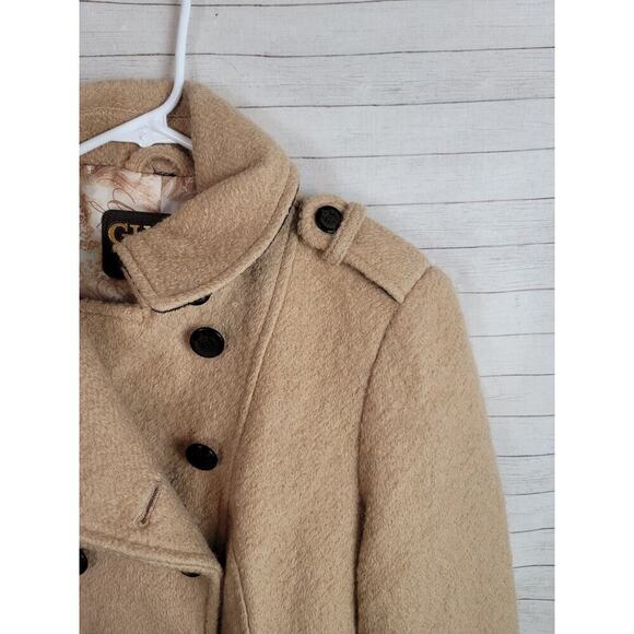 GUESS WOOL BLEND DOUBLE BREASTED CAMEL TAN PEA COAT, SZ SMALL - Picture 6 of 14